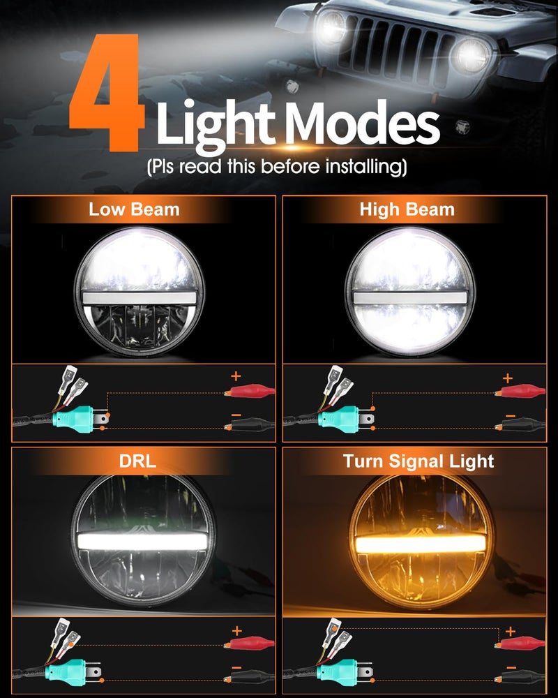 UNI-SHINE 7-Inch LED Headlights - with Amber Turn Signal White DRL, DOT Approved, Hi/Lo Beam, Compatible with Jeep Wrangler JK TJ CJ, Chevy, and Miata - Image 3